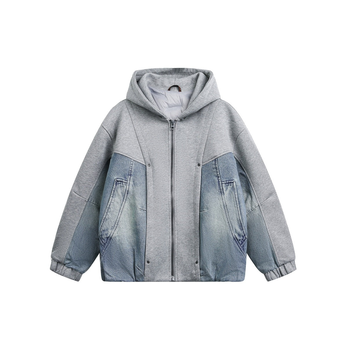 Gray hooded zip jacket with washed blue denim-look panels and elastic cuffs, front view on plain background