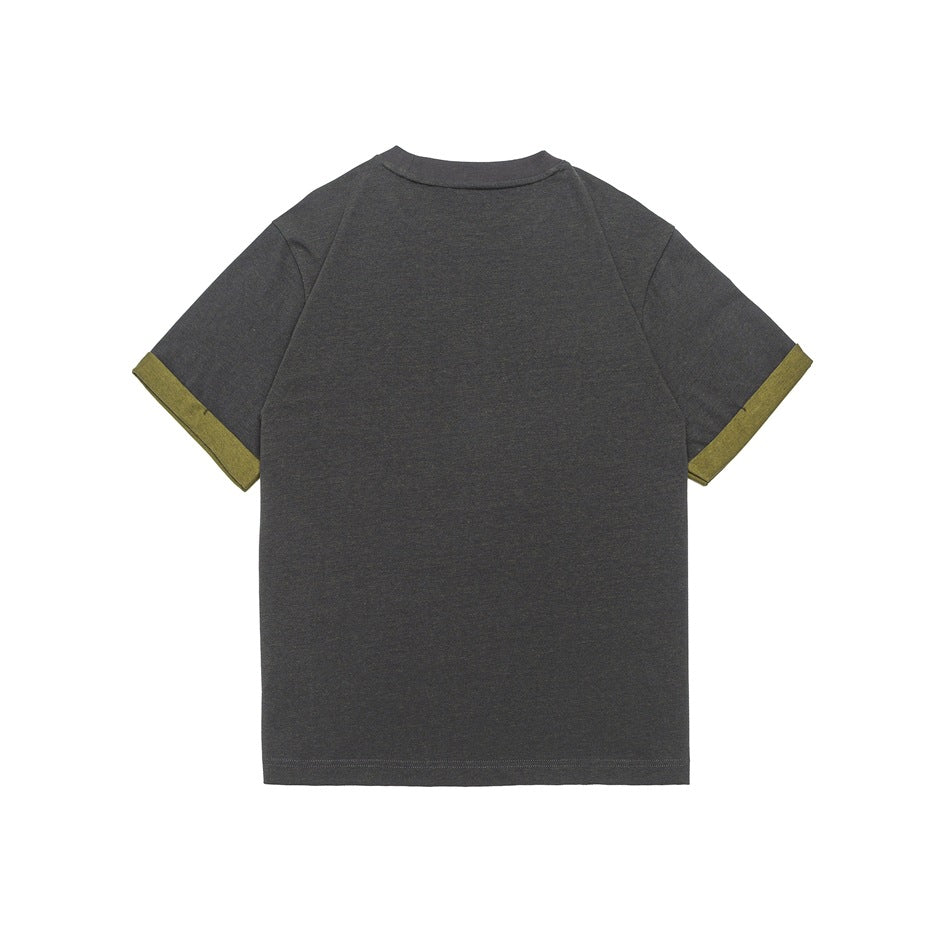 Back view of charcoal short-sleeve T-shirt with olive-green contrast rolled cuffs and plain back