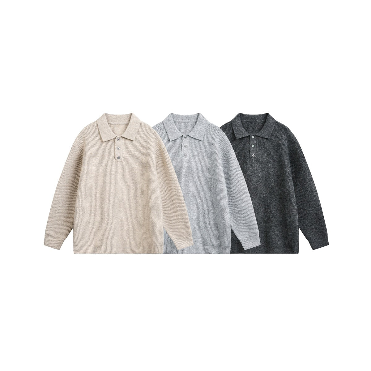 Three long-sleeve knit polo sweaters displayed together in beige, light gray, and dark charcoal.