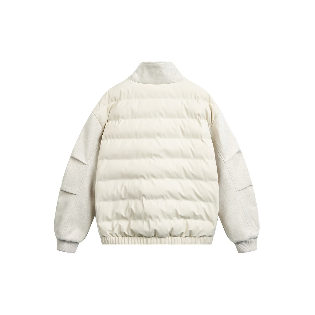 Back view of an ivory quilted jacket with light gray sleeves, a stand collar, ribbed cuffs and hem.