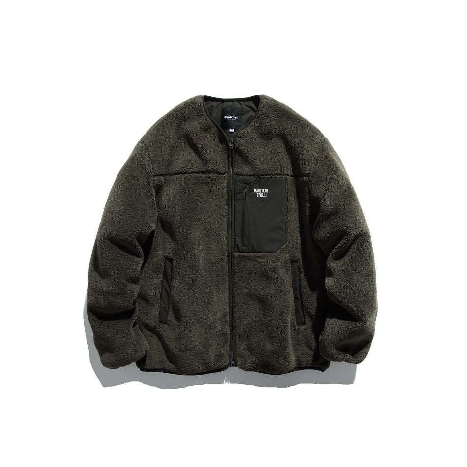 Army green fleece-like collarless zip jacket with tonal chest zip pocket and slanted side pockets, front view