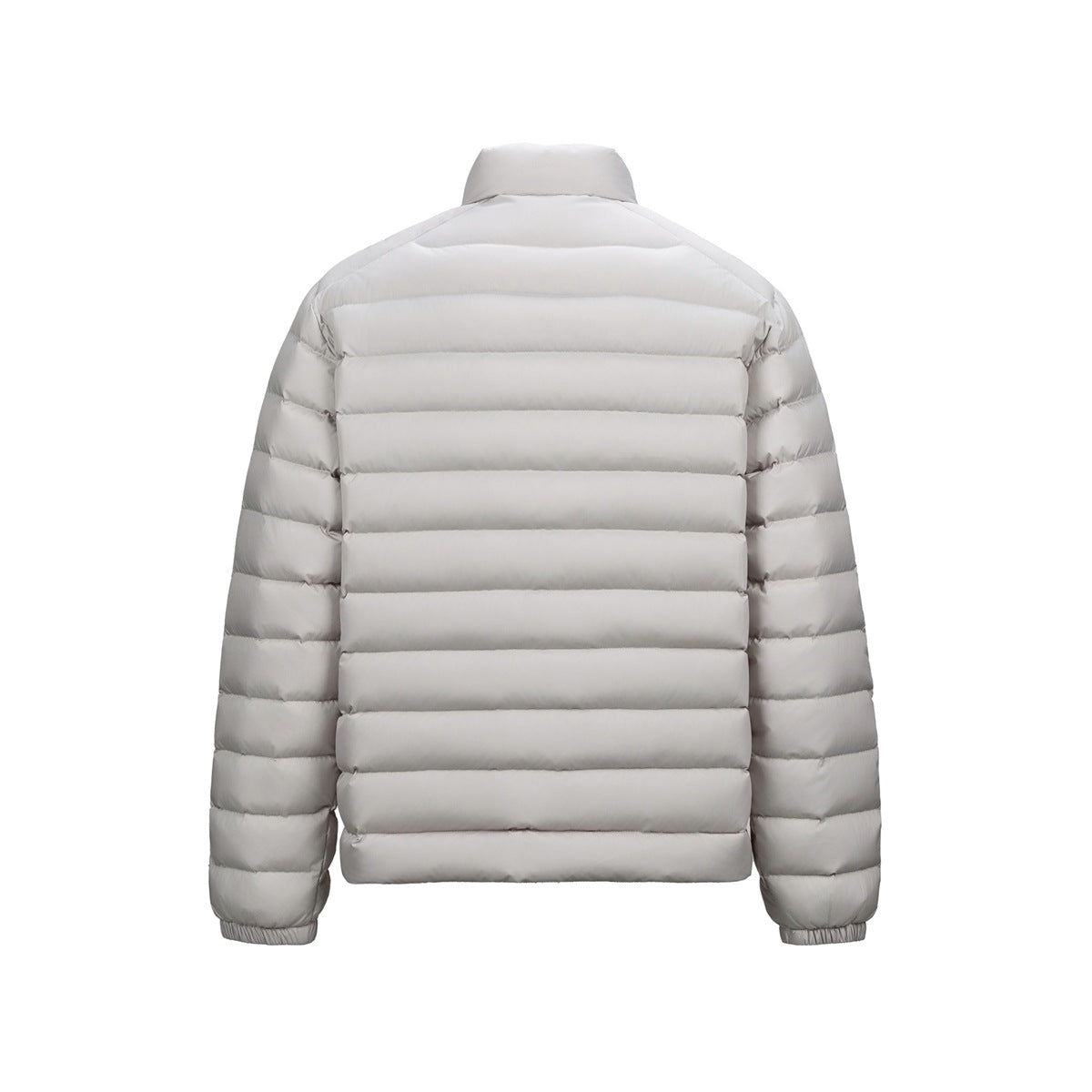 Back view of a light gray quilted puffer jacket with a stand collar and elastic cuffs, isolated on white.