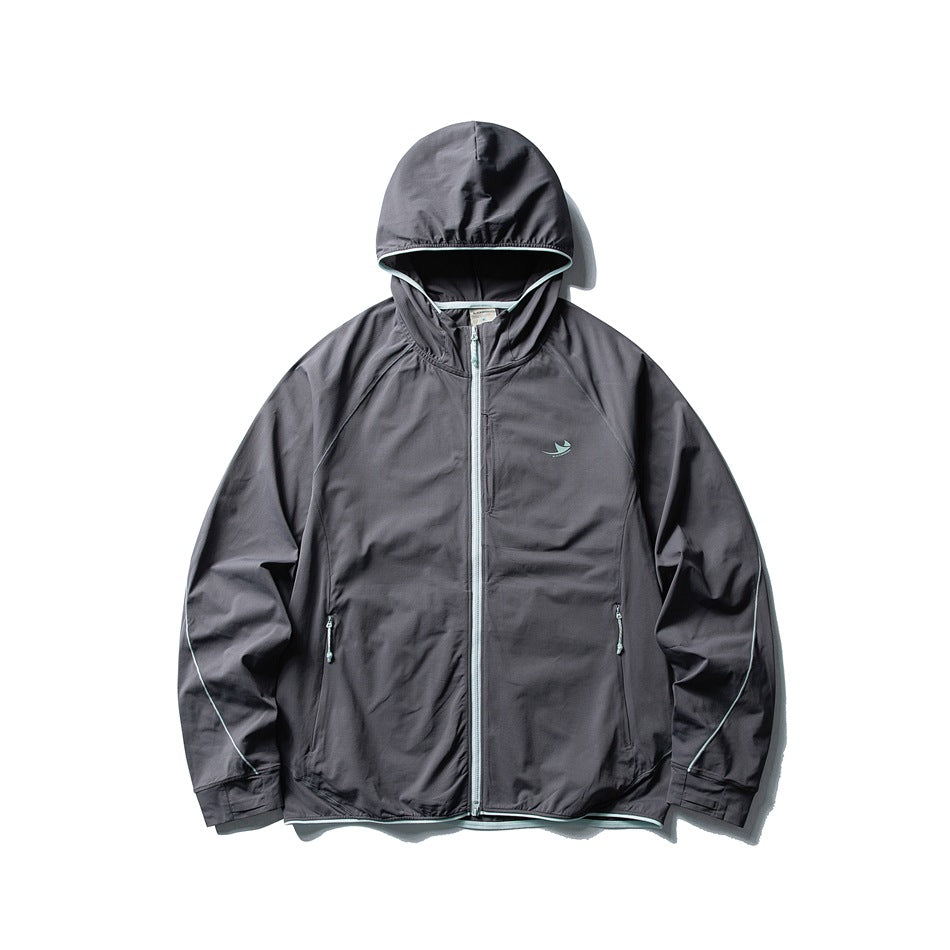Dark gray hooded zip-up lightweight jacket flat lay with light mint zipper, piping and chest logo