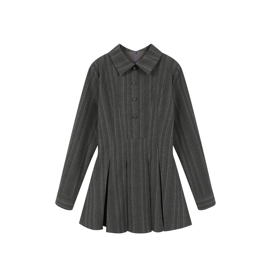 Dark gray pinstriped long-sleeve collared peplum top with front buttons and pleated flared hem, flat front view