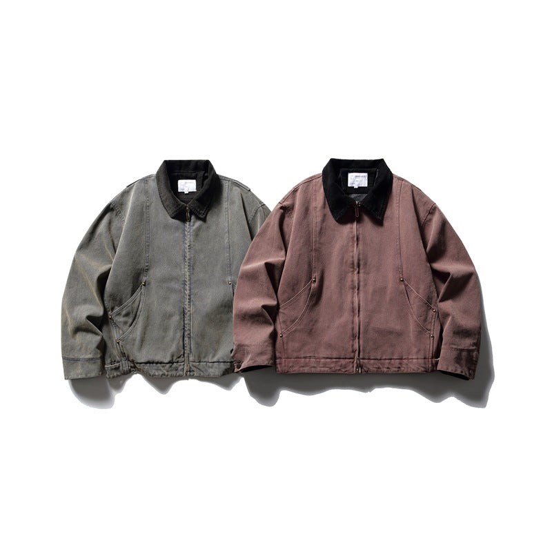Two jackets shown from the front: one gray-green and one mauve-brown, both with black collars and curved pockets.