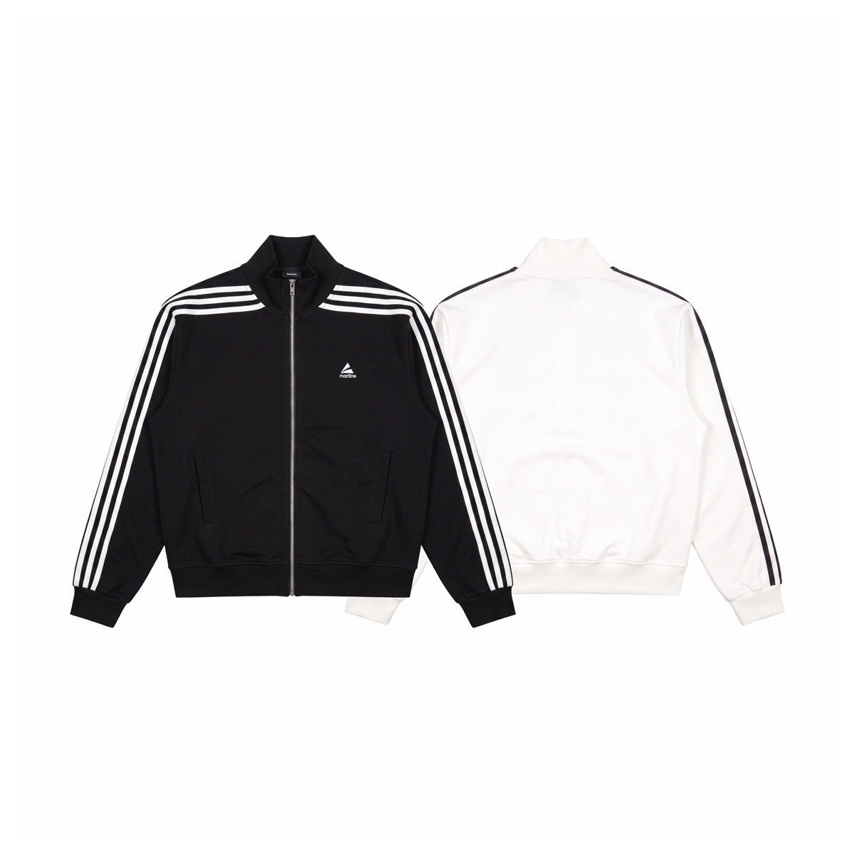 Black front and white back views of a zip-up track jacket with contrasting sleeve stripes and ribbed trims.