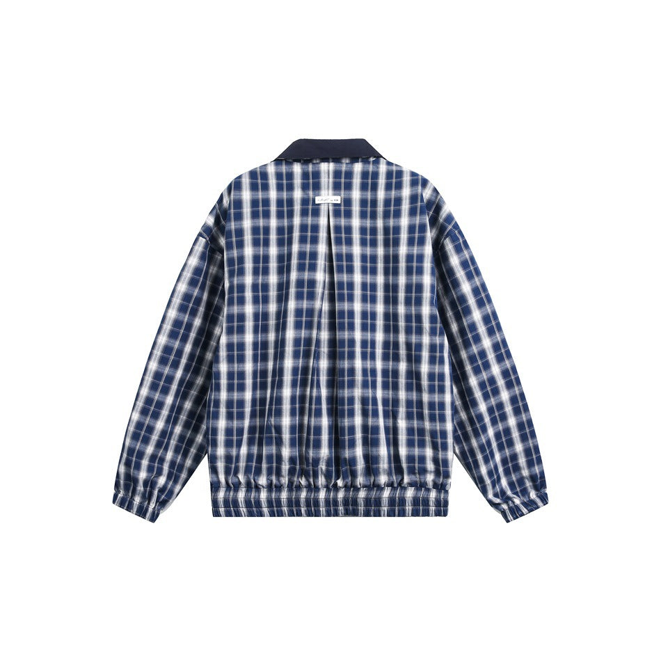 Back view of a blue-and-white plaid jacket with a dark collar, center pleat and elastic hem and cuffs.