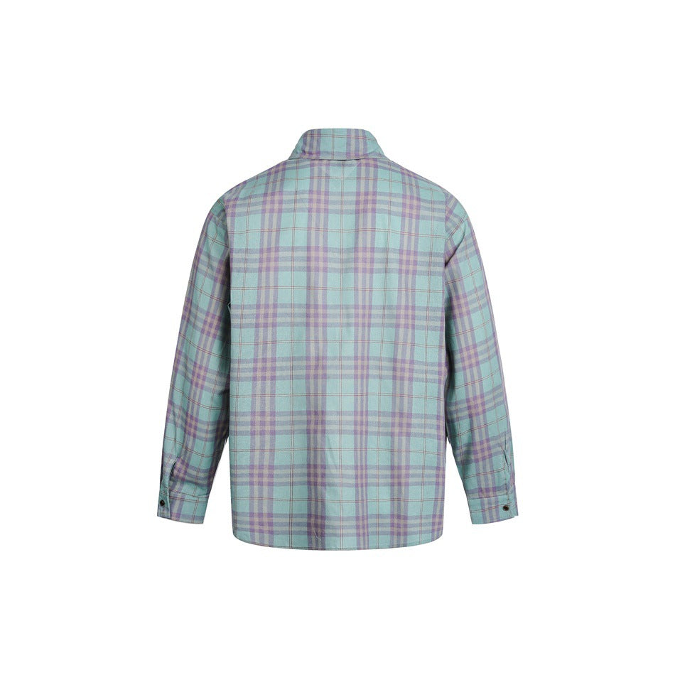 Back view of a long-sleeved shirt in a light teal, lavender and muted red plaid pattern.
