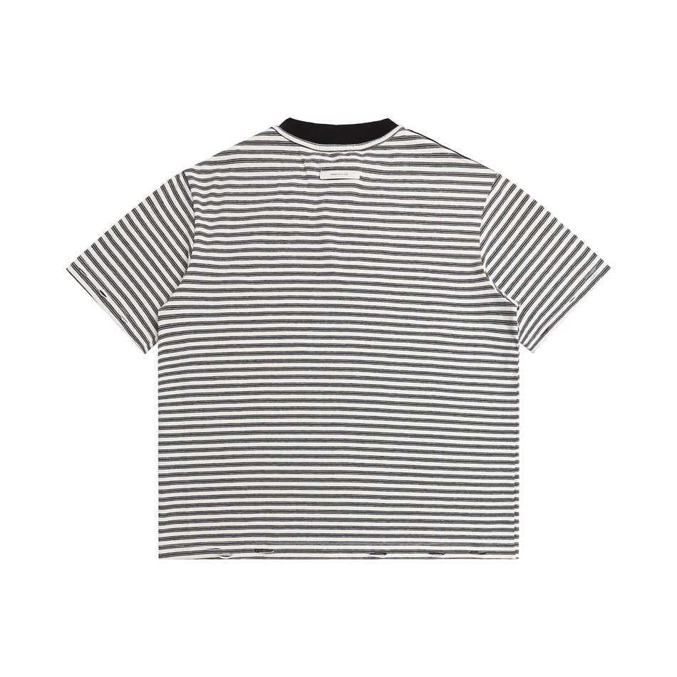 Back view of an off-white T-shirt with narrow black horizontal stripes, short sleeves, and a black collar.
