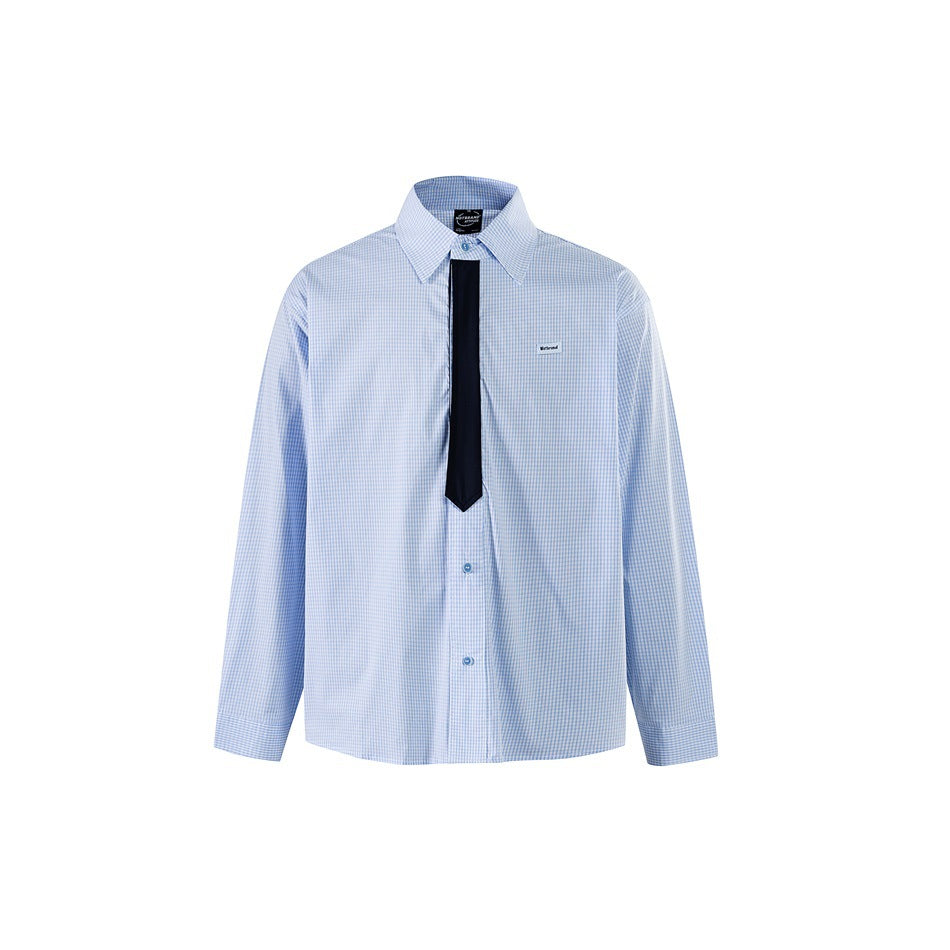 Light blue gingham long-sleeve button-up shirt with a dark navy tie panel at the front, flat view