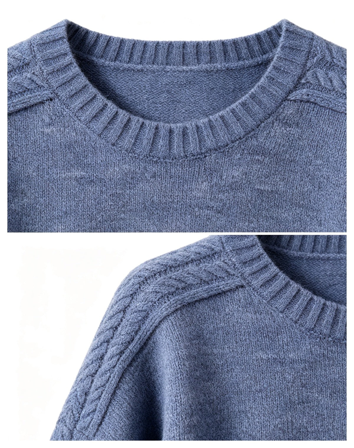 Close-up of a blue-gray knit sweater showing its ribbed crew neckline and cable-knit shoulder detail.