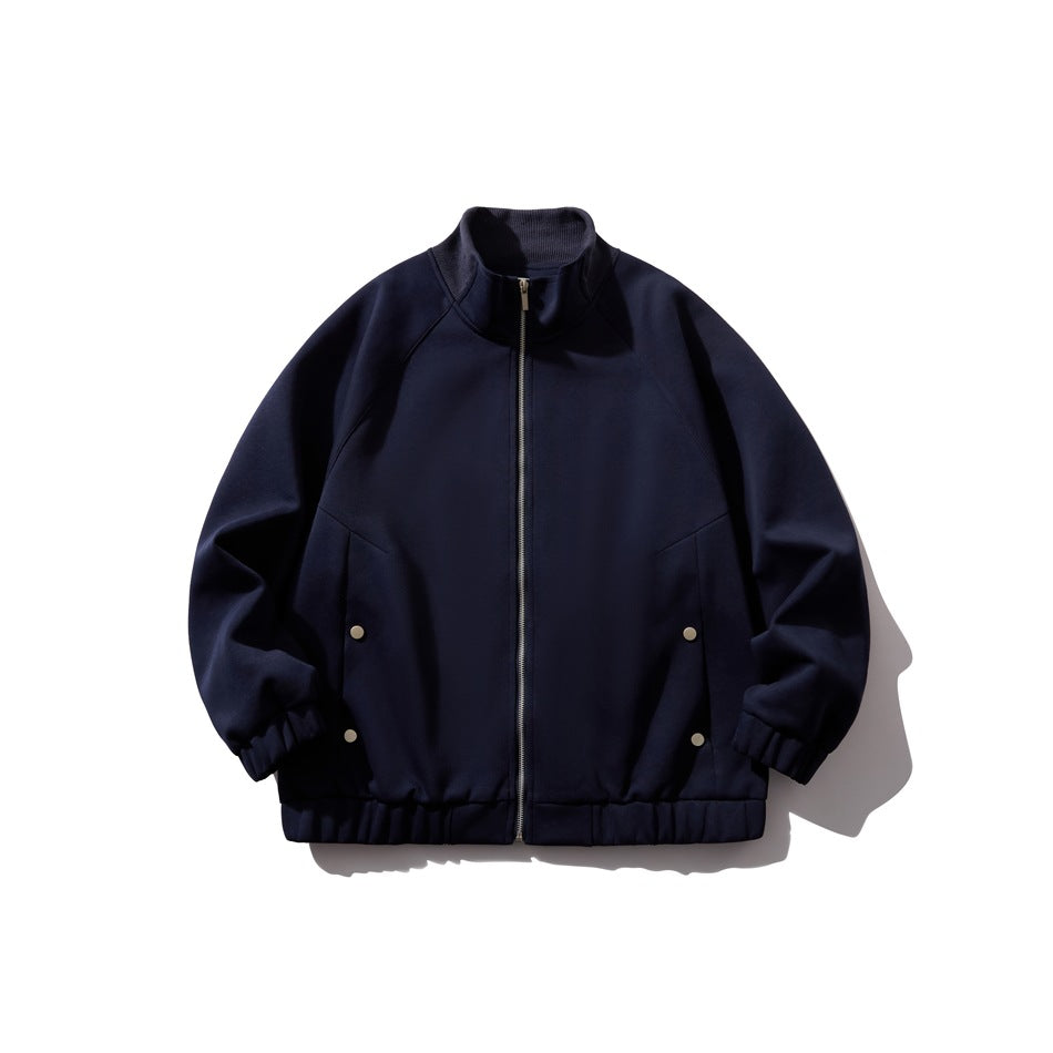 Navy stand-collar zip jacket flat lay, front view with ribbed collar, silver zipper and side snaps
