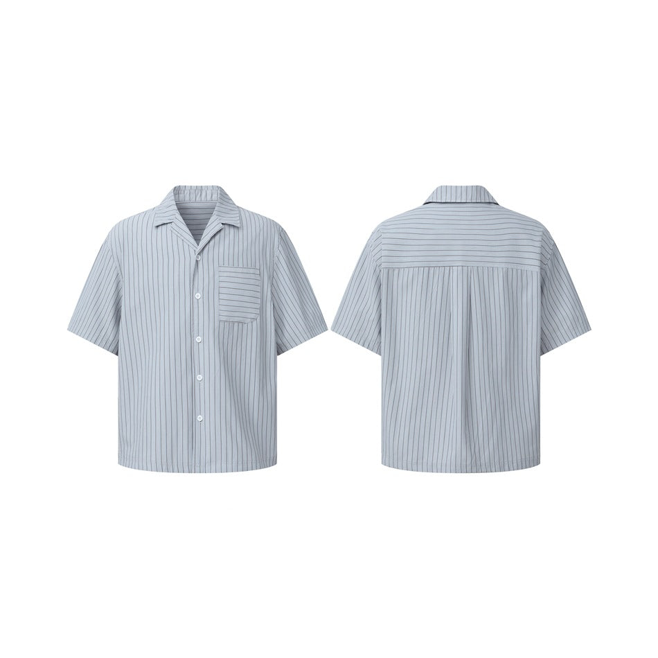 Flat product views show the front and back of a light blue short-sleeve shirt with thin stripes and a chest pocket.