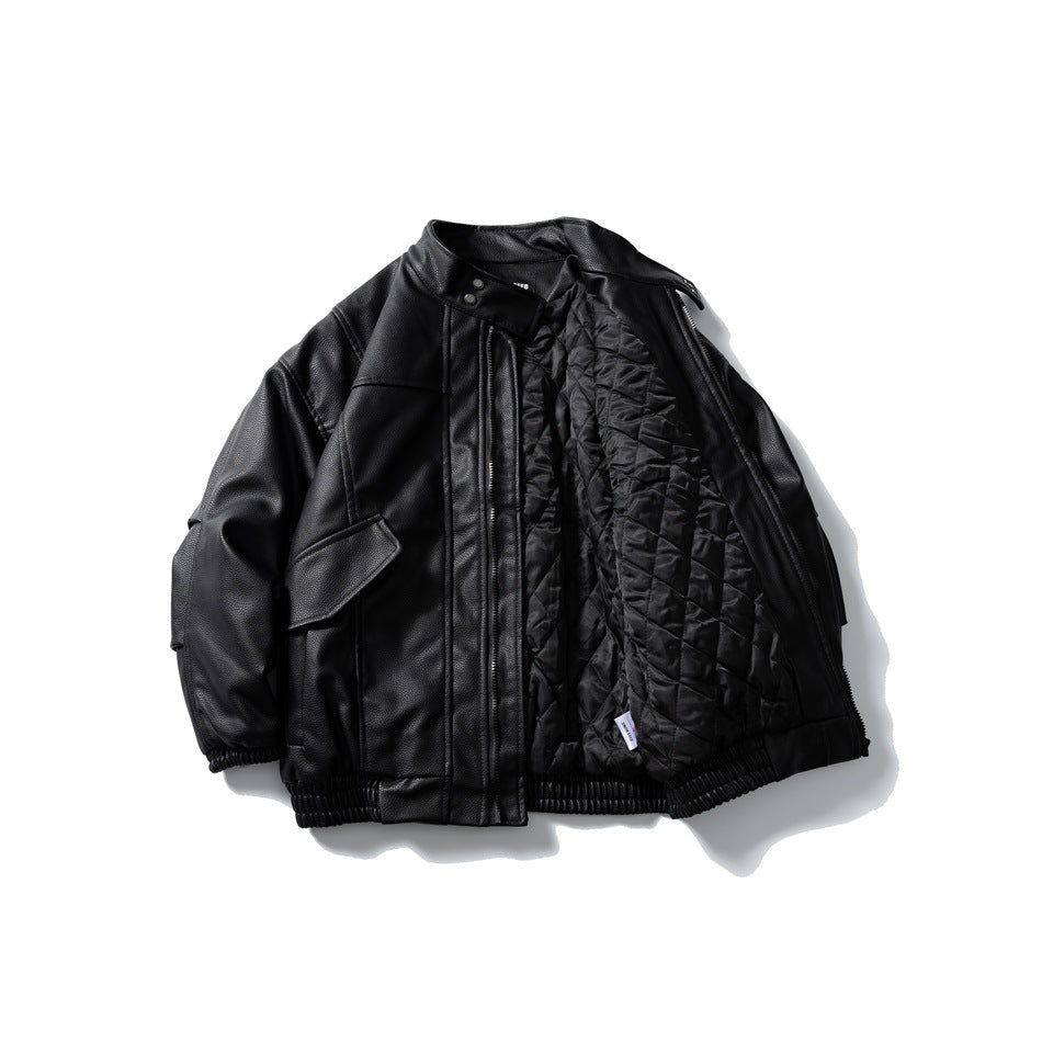 Black textured jacket unzipped to show black diamond-quilted lining, flat view
