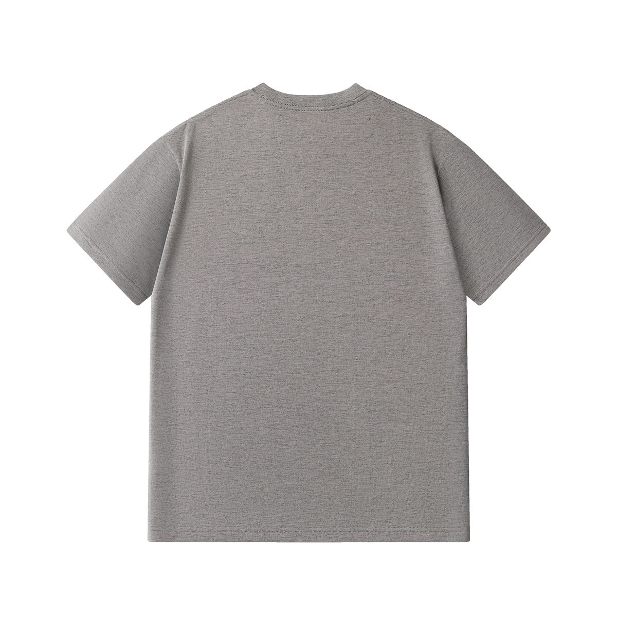 Plain medium-gray short-sleeve crew-neck T-shirt shown from the back on a white background.