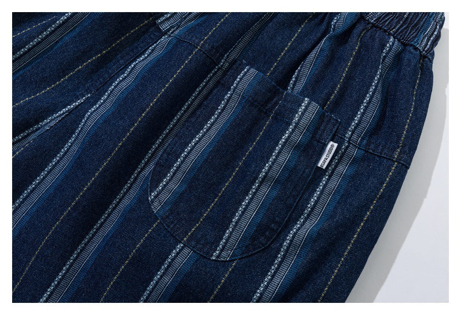 Close-up of a curved pocket on dark striped shorts, with a small sewn label near the pocket edge.