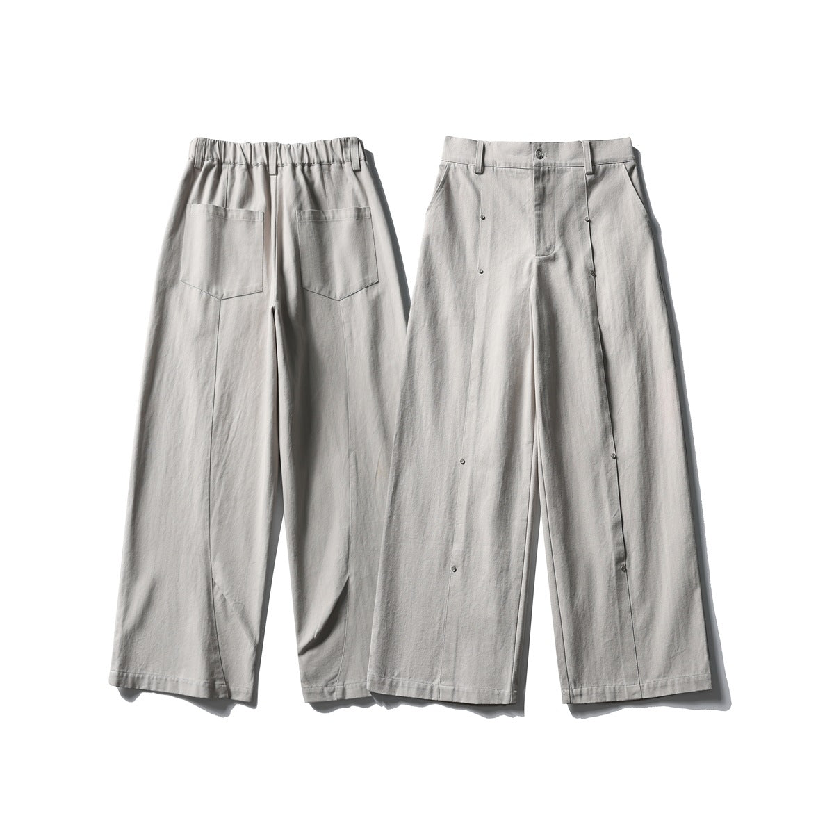 Light gray wide-leg trousers shown from the front and back, with pockets, belt loops, and front button details.