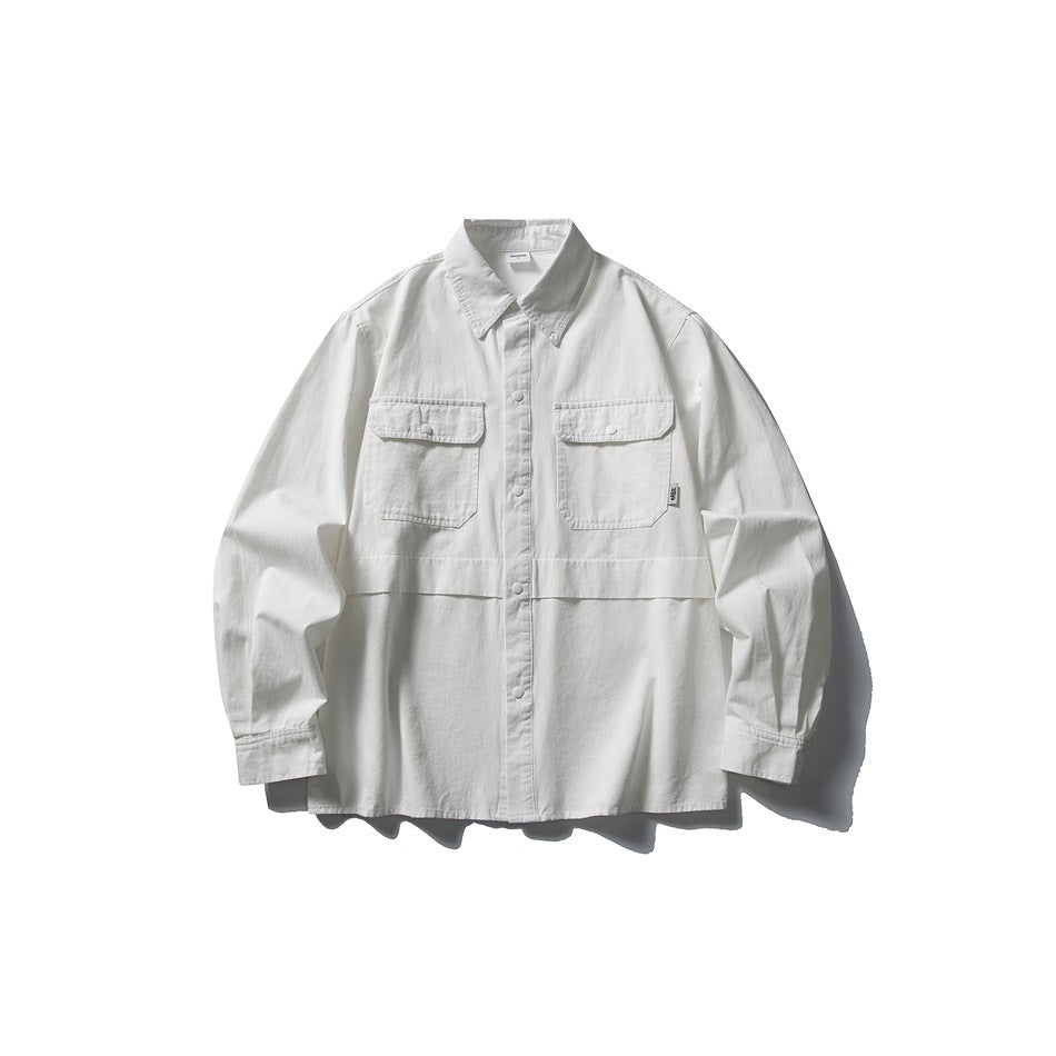 Front view of a white long-sleeve button-front shirt with a pointed collar and two flap chest pockets.