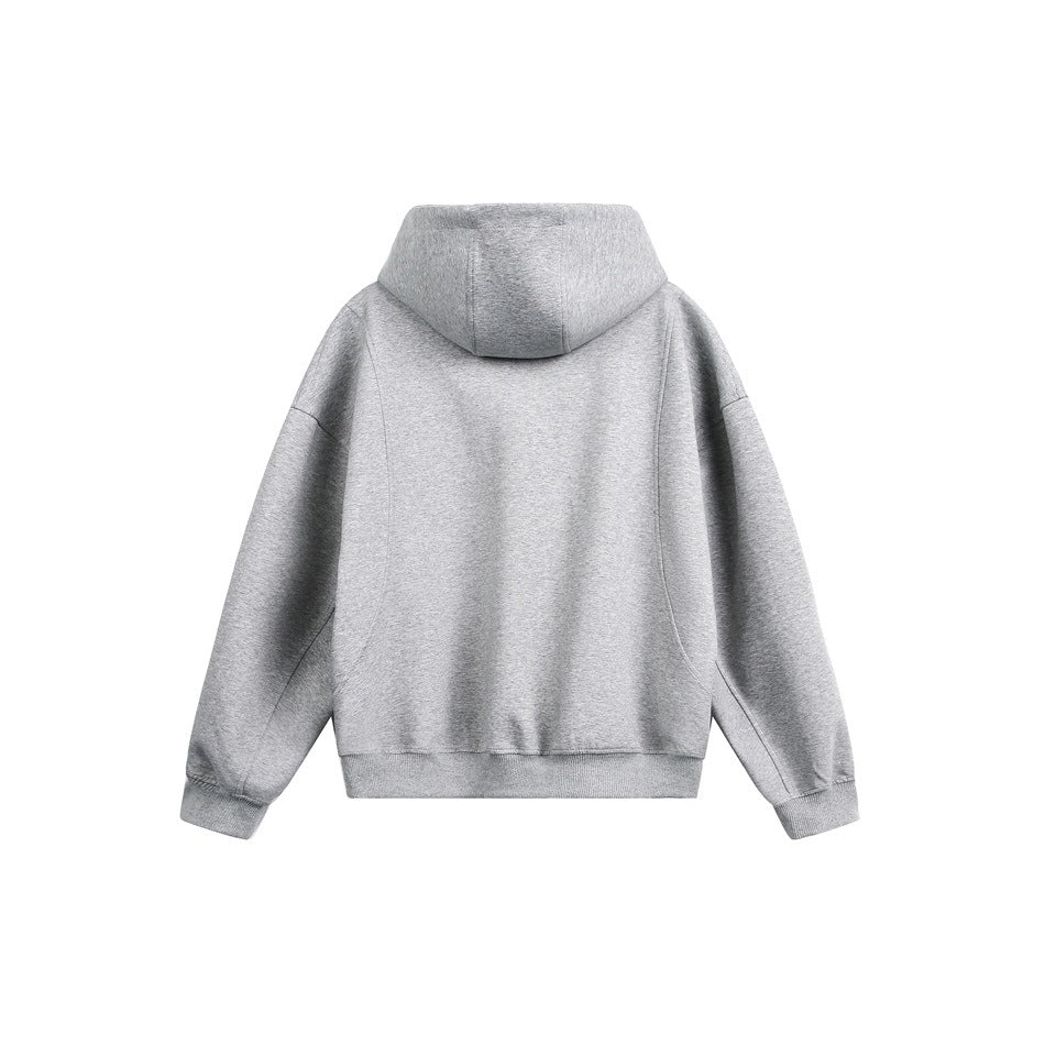 Plain light gray hooded sweatshirt shown from the back on a white background.