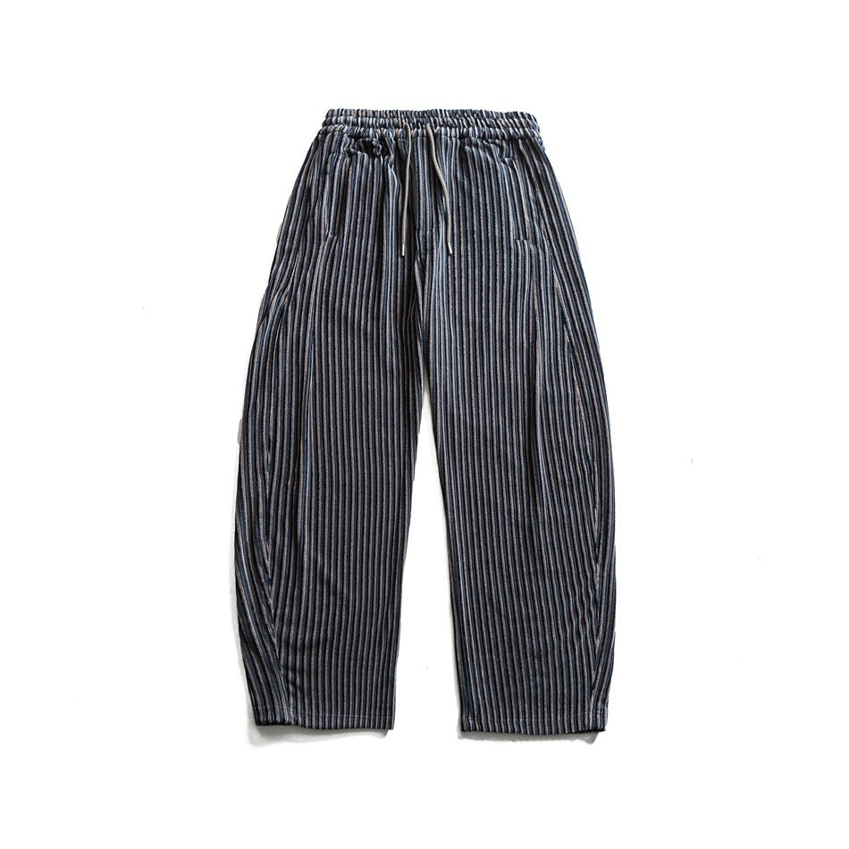 Blue-gray striped wide-leg drawstring pants, flat lay front view