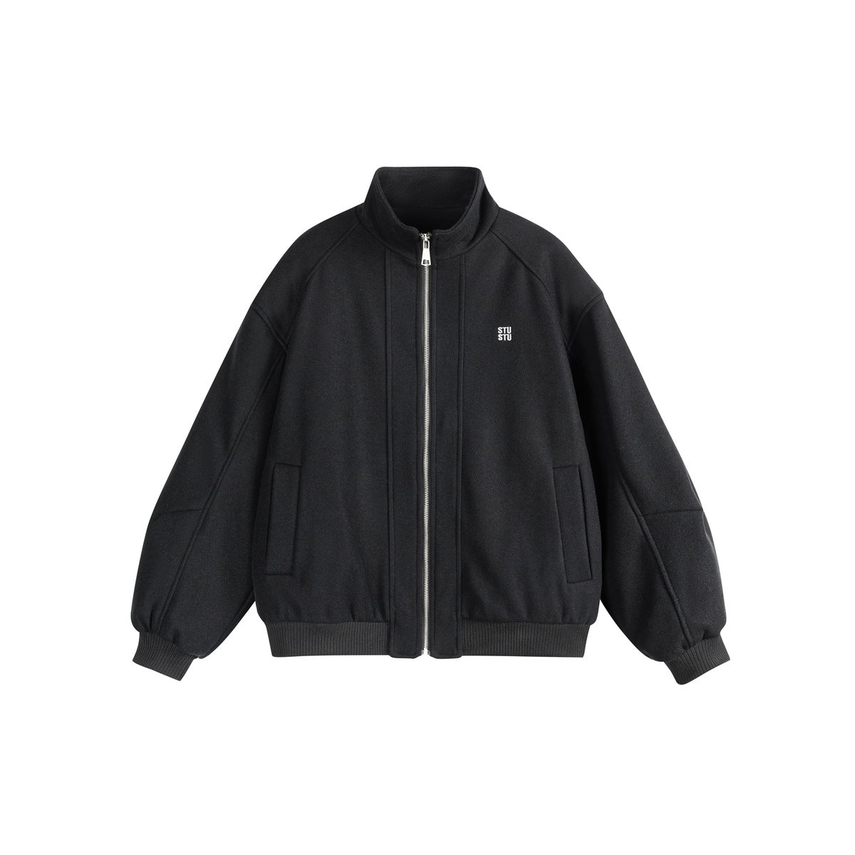 Black stand-collar zip jacket with ribbed cuffs and hem, front pockets and a small chest logo, flat front view