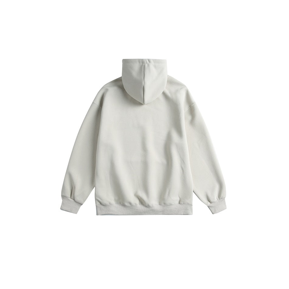 Back view of an off-white hoodie with a hood, long sleeves, ribbed cuffs, and ribbed hem.
