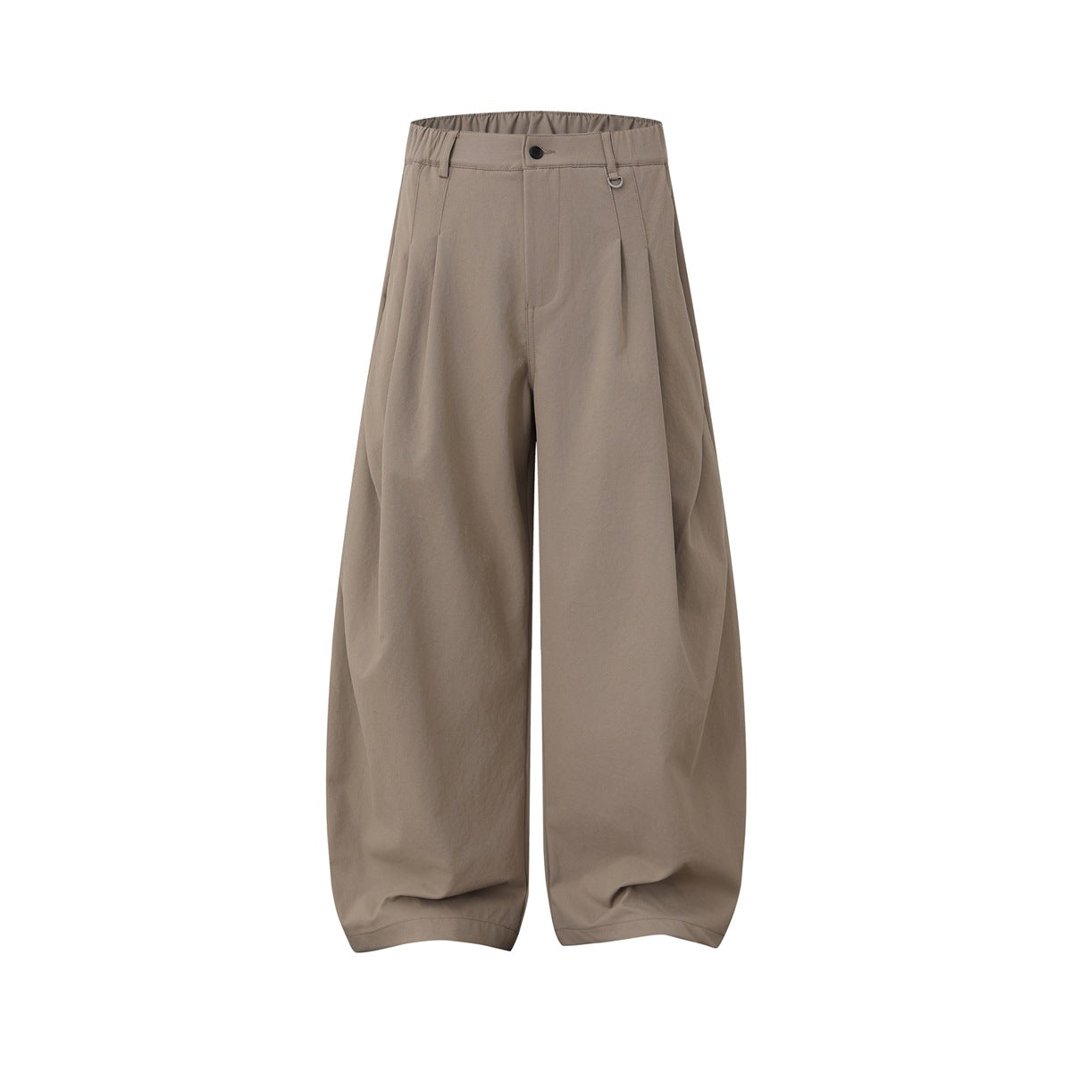 Khaki wide-leg pleated pants with elastic waistband, front button and D-ring accent, flat front view