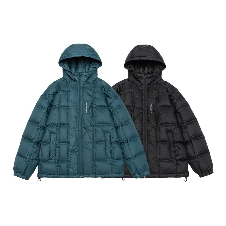 Teal and black hooded puffer jackets displayed side by side from the front.