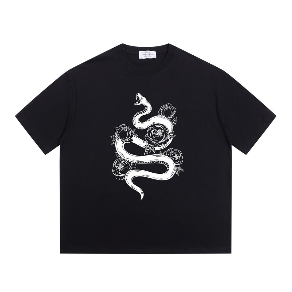 Black crew-neck short-sleeve T-shirt with a white coiled snake and peony flower graphic on the front