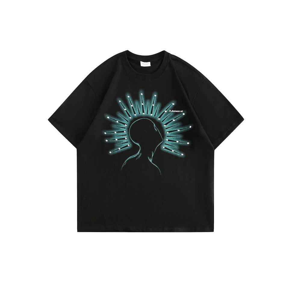 Black short-sleeve crew-neck T-shirt with teal head silhouette and radiating ray graphic with small light dots