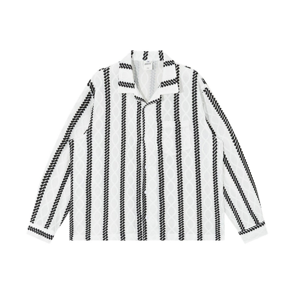 White long-sleeve camp-collar shirt with black chain-pattern vertical stripes and chest pocket, flat lay front view