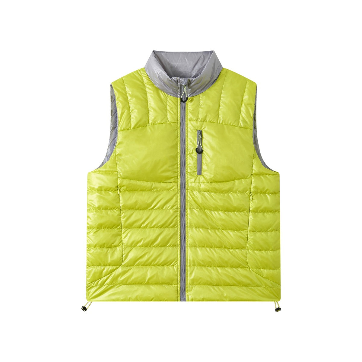 Fluorescent yellow quilted puffer vest with gray stand collar and gray zipper, front view on white background