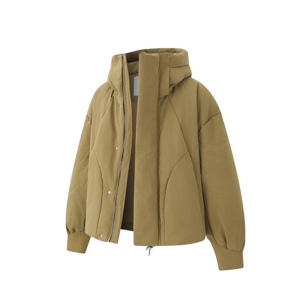 Khaki hooded short puffer jacket shown from a three-quarter front angle with zip, snap flap and ribbed cuffs