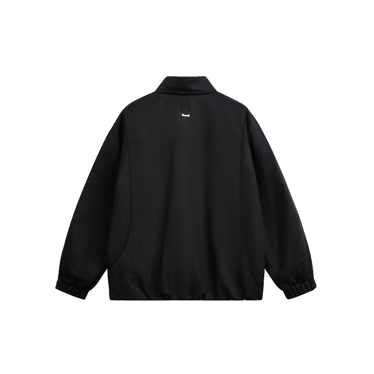 Back view of a black jacket with a wide collar, curved seam panels, elastic cuffs, and a straight hem.