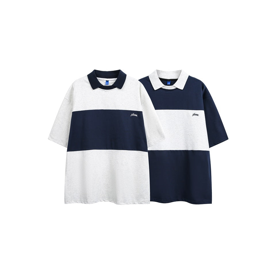 Two short-sleeve color-block polo shirts shown from the front in gray and navy combinations.