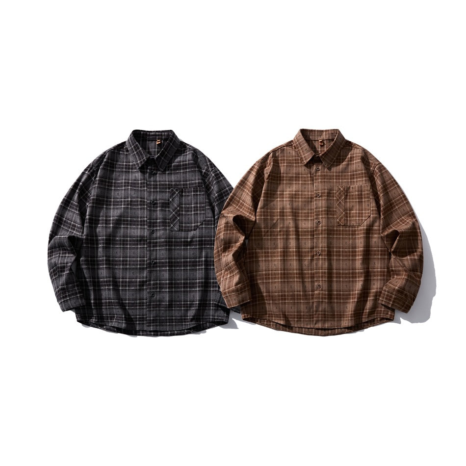 Two long-sleeve plaid button-up shirts laid flat: one charcoal gray and one brown, both with chest pockets.