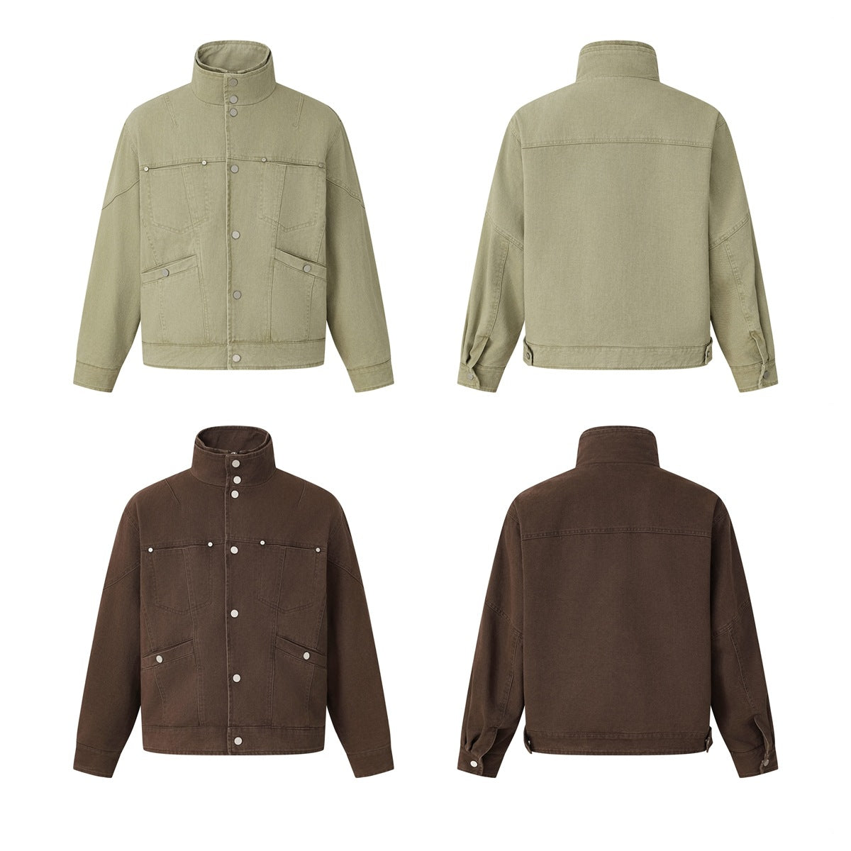 Front and back views of the green and brown stand-collar jackets in a four-panel grid