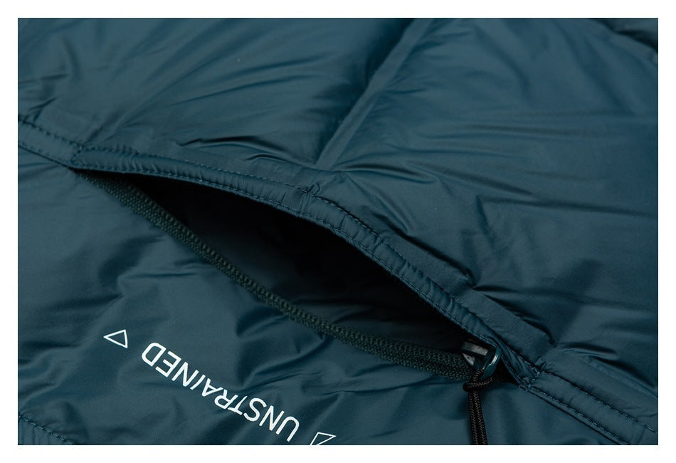 Close-up of a teal jacket's zippered pocket opening and white UNSTRAINED print.