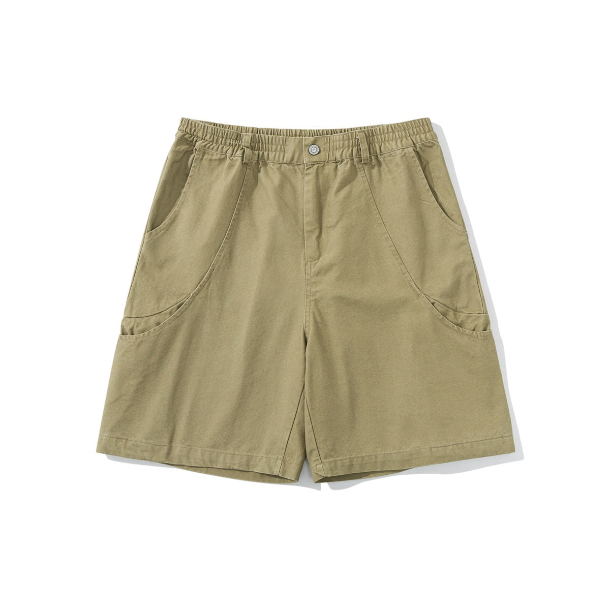Khaki knee-length shorts with elastic waistband, center button and curved front pockets, flat lay front view