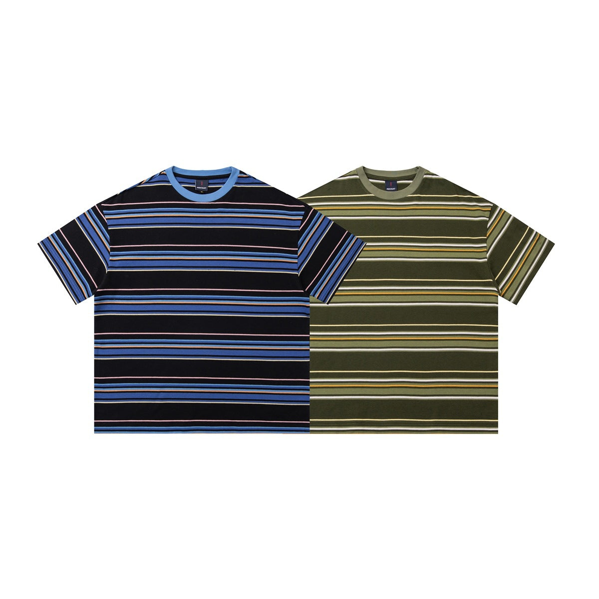 Two short-sleeve striped crew-neck T-shirts shown from the front: black with blue accents and olive green.
