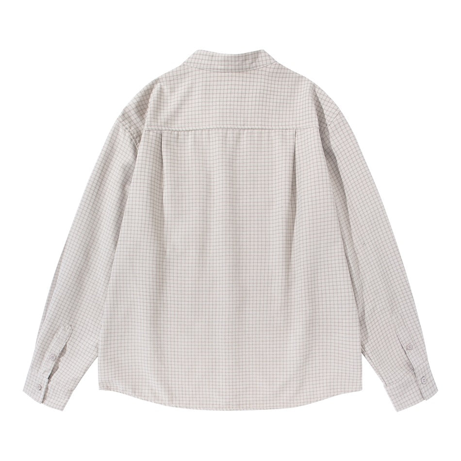 Back view of beige small grid check long-sleeve shirt showing back yoke and buttoned cuffs, flat lay
