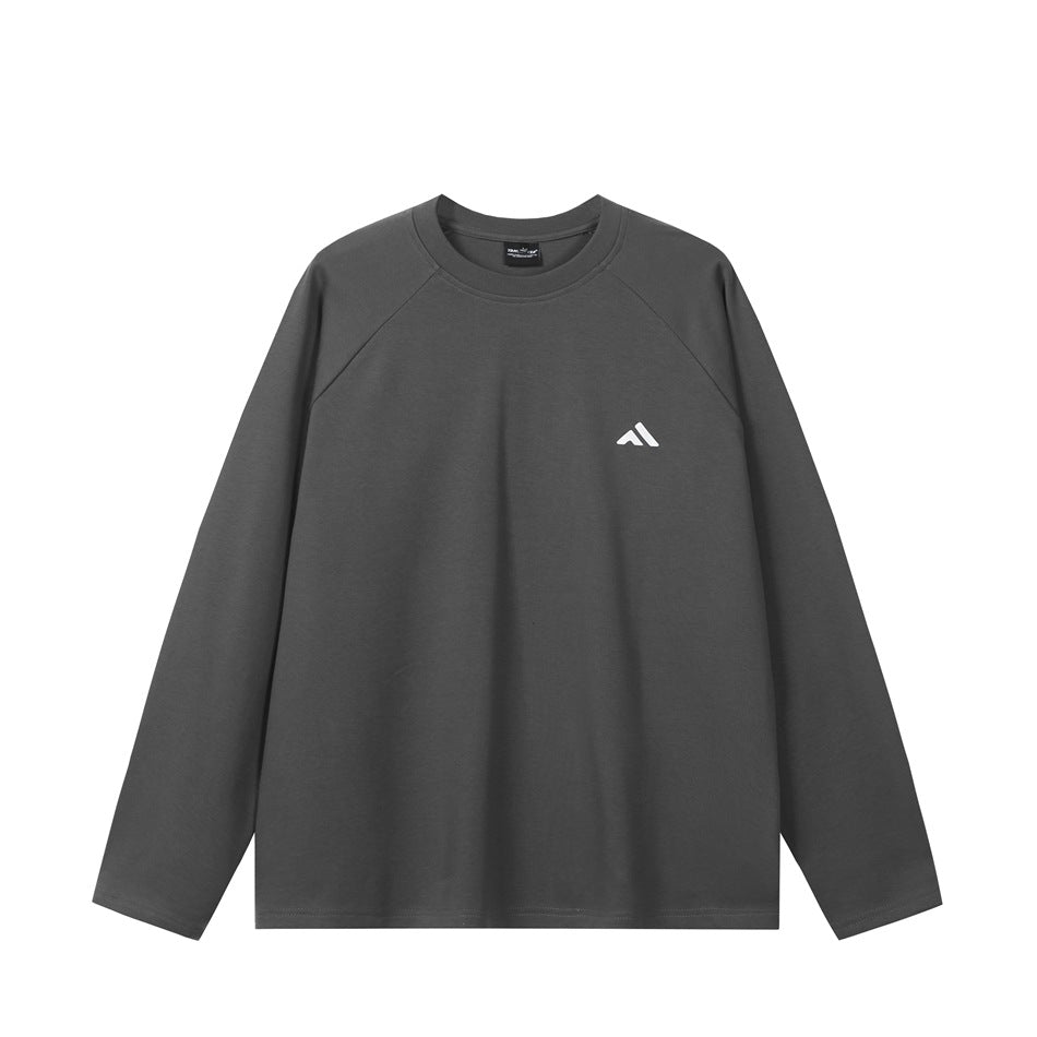 Dark gray raglan long-sleeve crewneck top with small white logo on left chest, flat front view