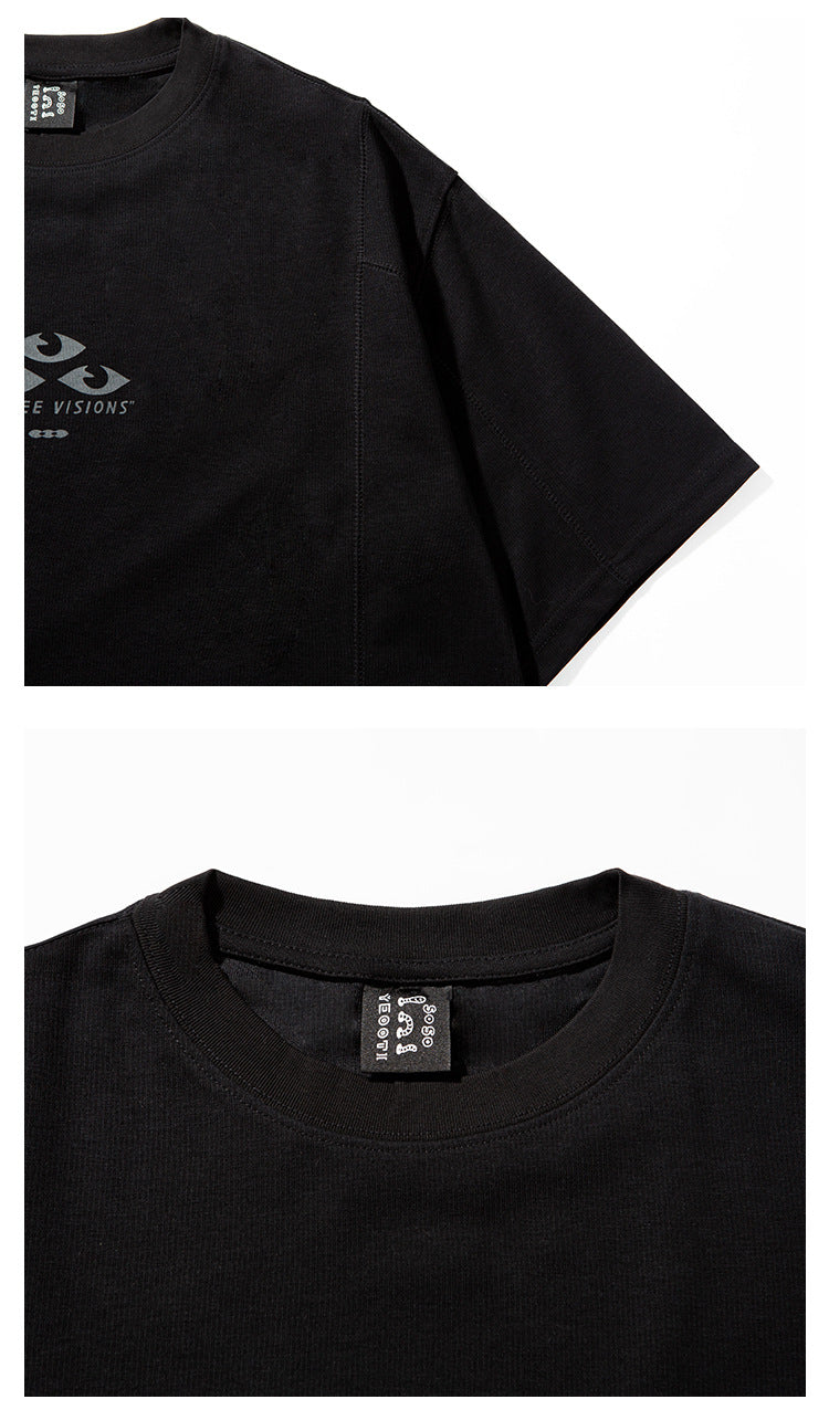 Close-ups of a black T-shirt sleeve, crew neckline, and inner neck label.