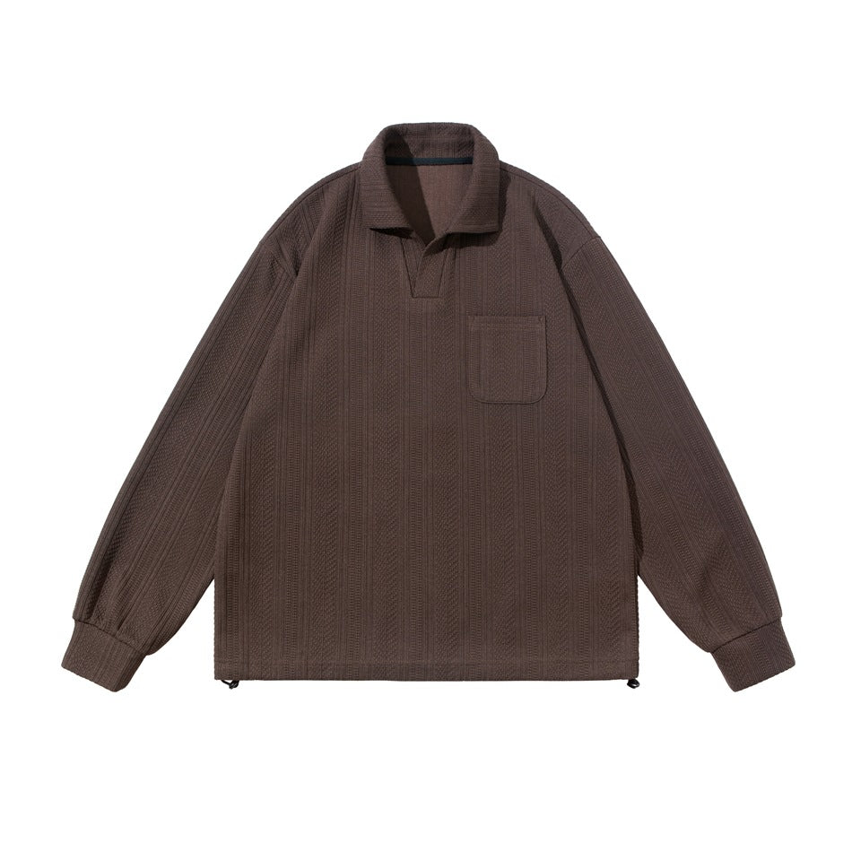 Brown textured long-sleeve polo-collar pullover, front flat lay with chest pocket and drawstring hem