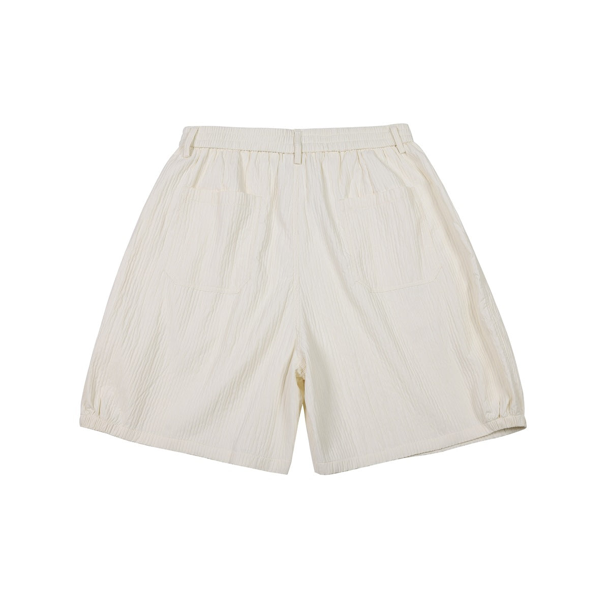 Back view of ivory shorts with a gathered waistband, belt loops, two patch pockets, and elasticized hems.