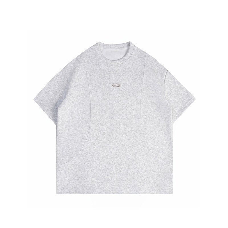 Heather gray short-sleeve crew-neck T-shirt with curved panel seams and a small embroidered emblem at the chest