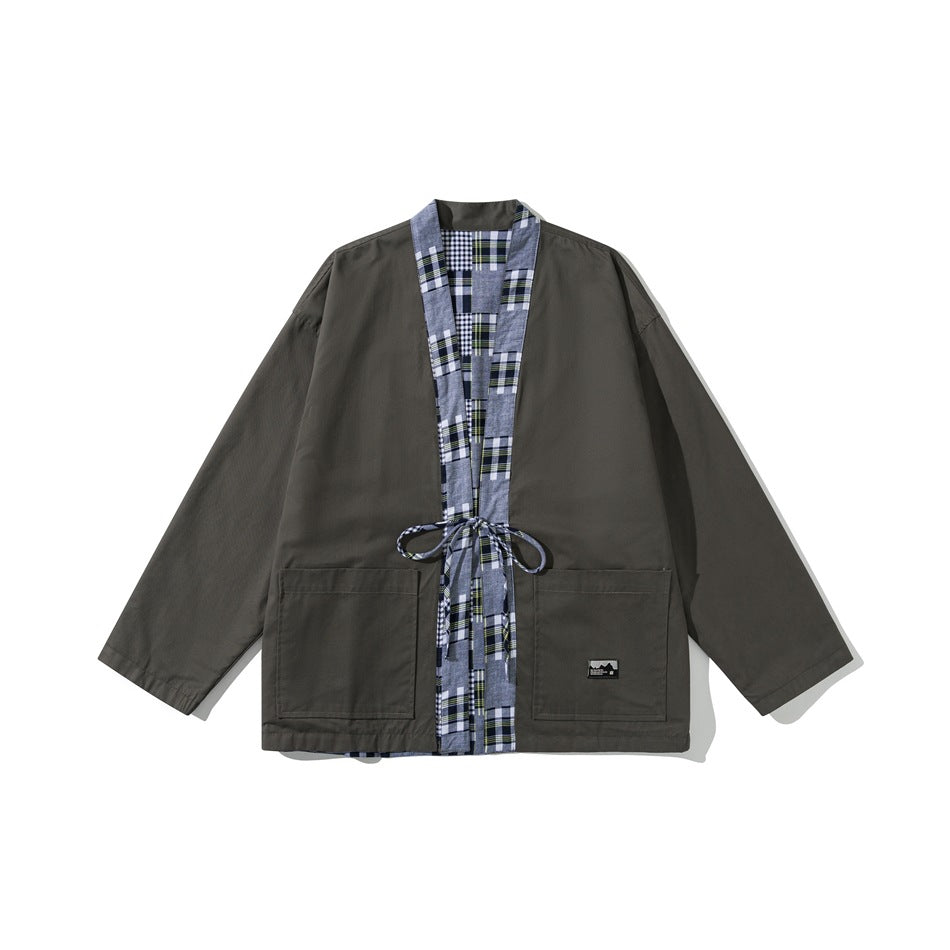 Olive-gray kimono-style jacket with blue plaid patchwork front facing, waist tie and two large patch pockets