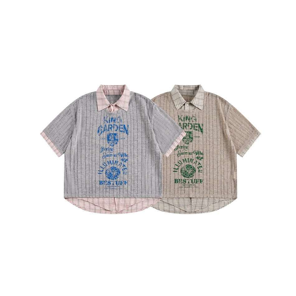 Two short-sleeve graphic tees shown side by side: gray with blue print and beige with green print, both with checked collars