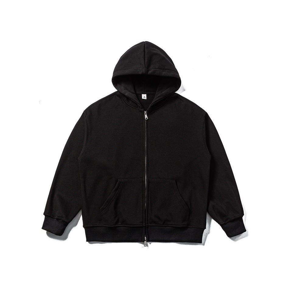 Black zip-up hoodie jacket laid flat, with double-slider zip, front pocket and ribbed cuffs and hem