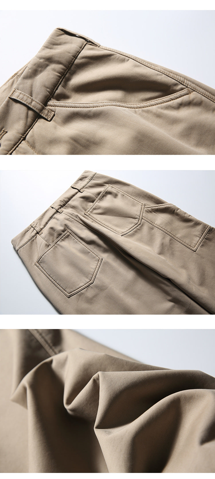 Collage of beige trouser details, including a curved pocket, rear patch pockets, and close-up fabric folds.